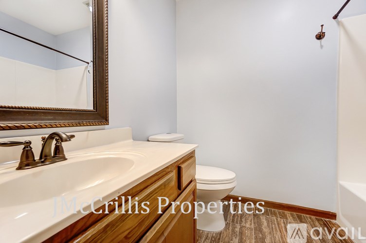 A bathroom with a white sink and a mirror above it.