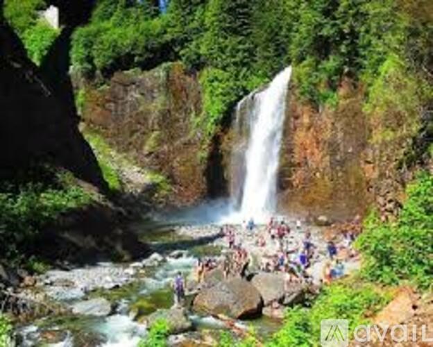 A waterfall surrounded by greenery with people standing below it.