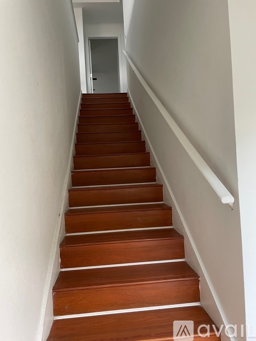A long flight of wooden stairs with white handrails.