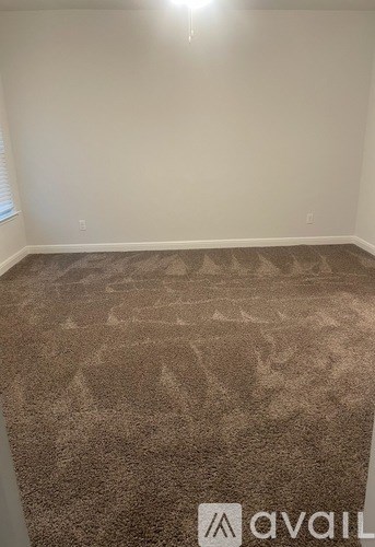 A carpeted room with a window and a wall outlet.