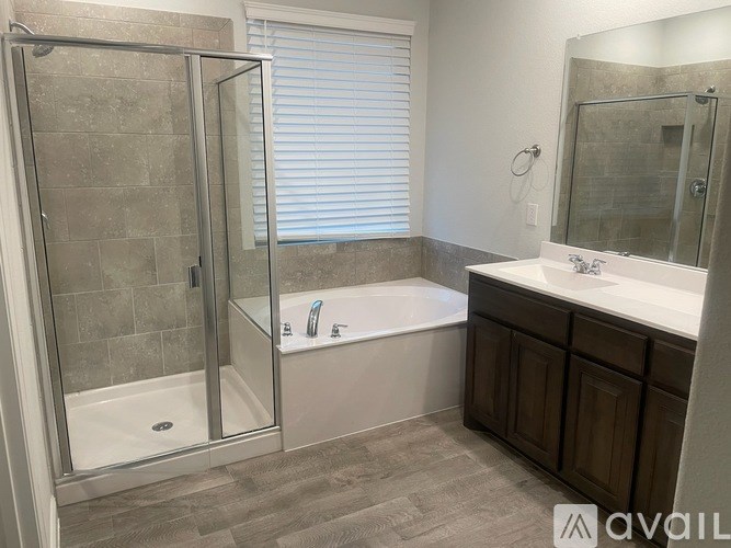 A bathroom with a walk-in shower, a tub, and a sink.