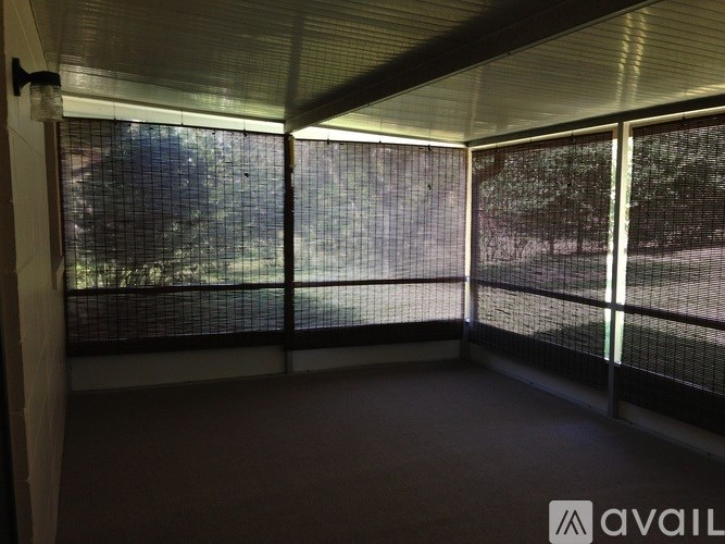 A room with a view of trees through the window.