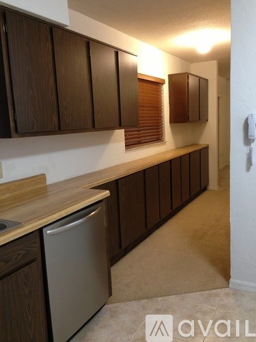 A kitchen with wooden cabinets and a dishwasher.