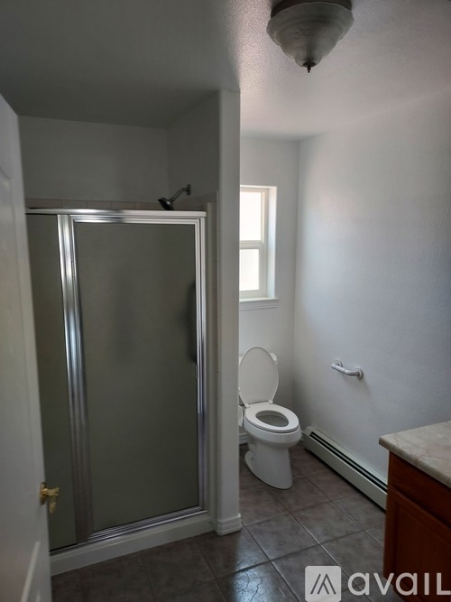 A bathroom with a toilet, a shower stall, and a window.