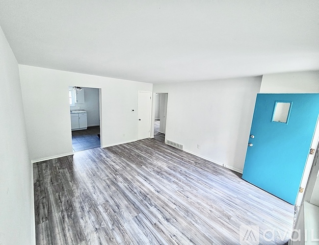 A room with a blue door and wooden flooring.