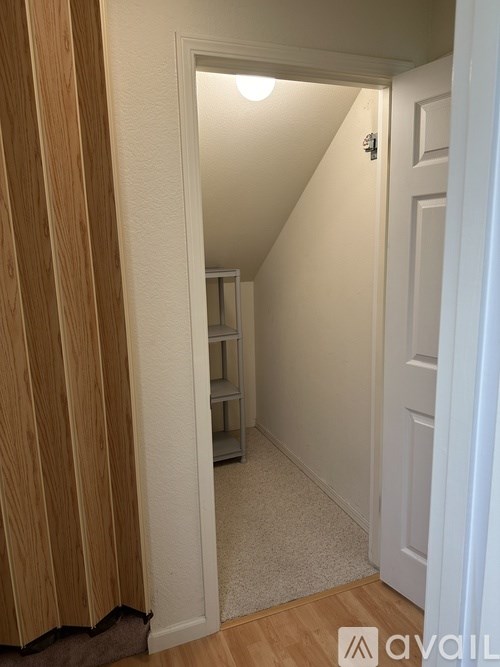 A hallway with a white door and a light on.
