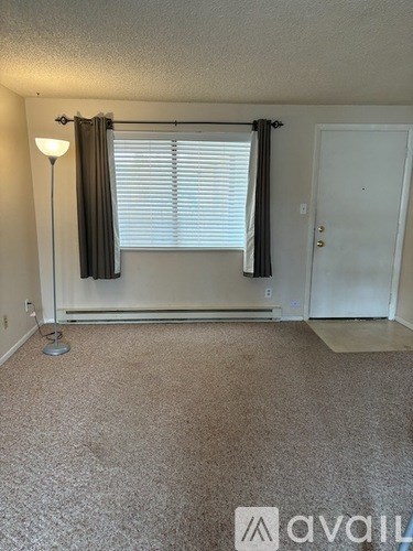 A room with a carpeted floor, a window with blinds, a door, and a lamp.