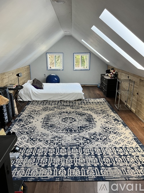 A bedroom with a bed, a dresser, and a rug with a pattern on it.