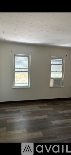 Two windows in a room with wooden flooring.