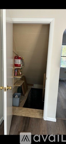 A room with a doorway leading to another room with a black carpet on the floor.