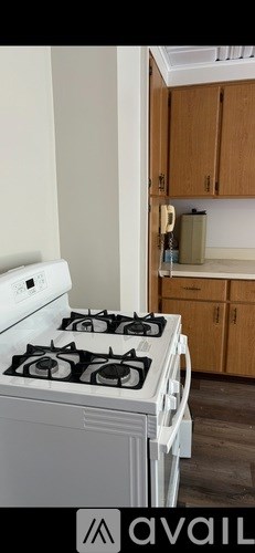A white gas stove in a kitchen with wooden cabinets.