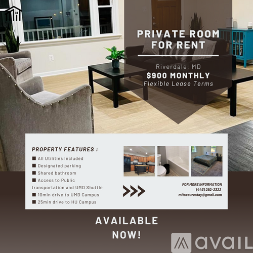 A private room for rent in Riverdale, MD is available for $900 monthly.