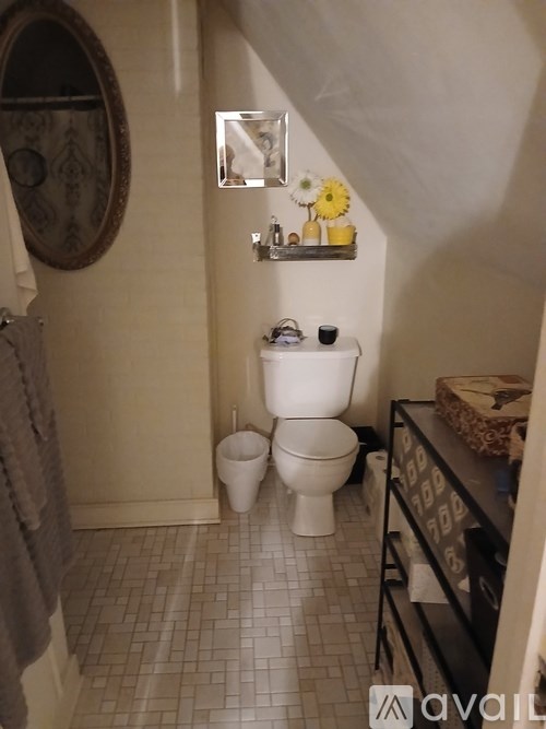 A bathroom with a toilet, a towel, and a mirror.