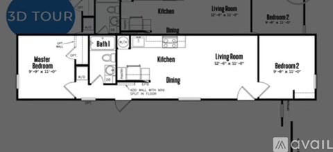 A 3D floor plan of a house with labeled rooms.