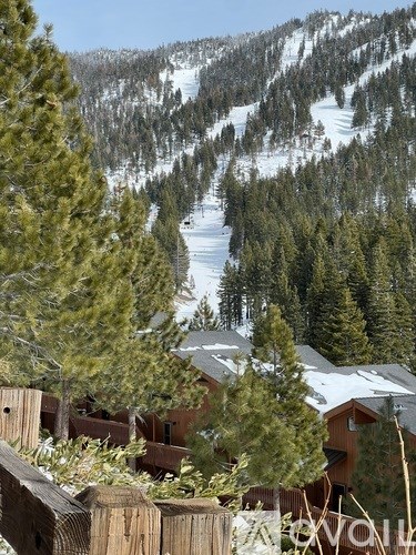 A mountain covered in snow with houses in the foreground.