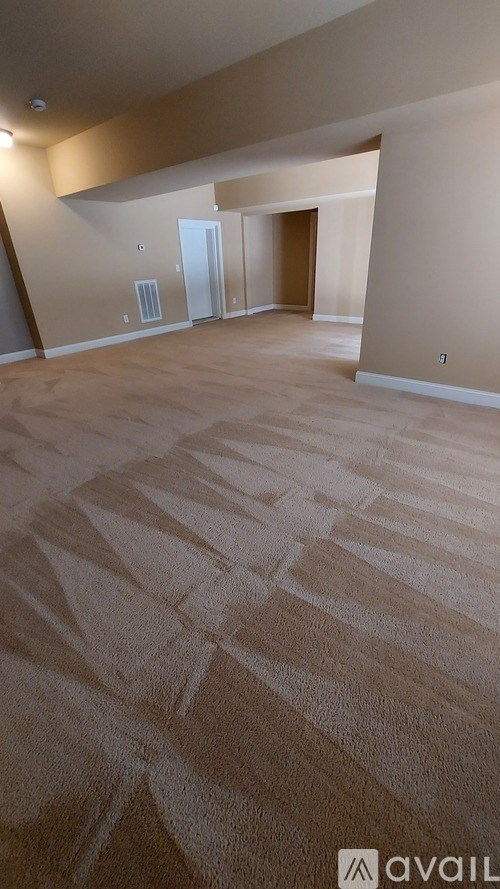 A room with a carpeted floor and a wall heater.