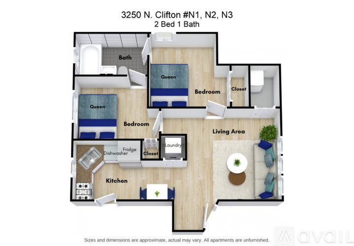 A floor plan of an apartment at 3250 N. Clifton shows two bedrooms, one with a queen size bed and the other with a twin size bed, a living area, a kitchen, and a bathroom