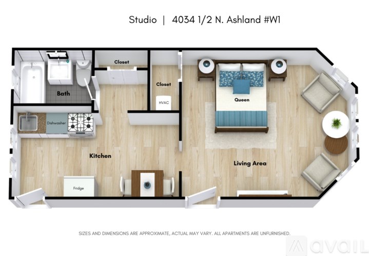 A floor plan of a studio apartment with a living area, kitchen, bath, and bed.