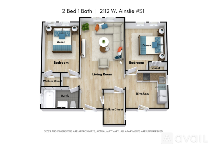 A floor plan of a 2 bedroom 1 bath apartment.
