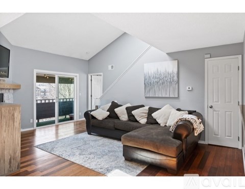 A living room with a brown leather couch and a grey rug.