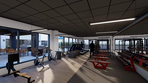 A gym with a variety of equipment including treadmills, weights, and exercise machines.