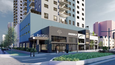 A rendering of a modern building with the name "BAYDO" on the front.