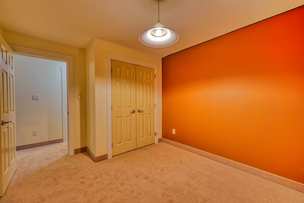 A room with orange walls and a carpeted floor.