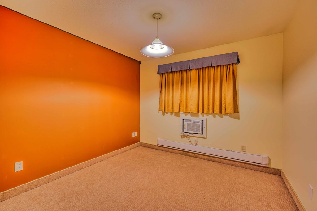 A room with orange walls and a carpeted floor.