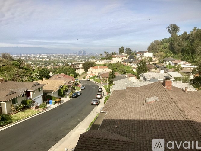 A street view of a residential area with houses on both sides and a clear sky.