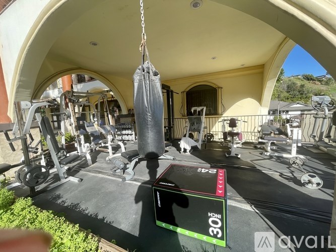 A gym with a punching bag hanging from the ceiling.