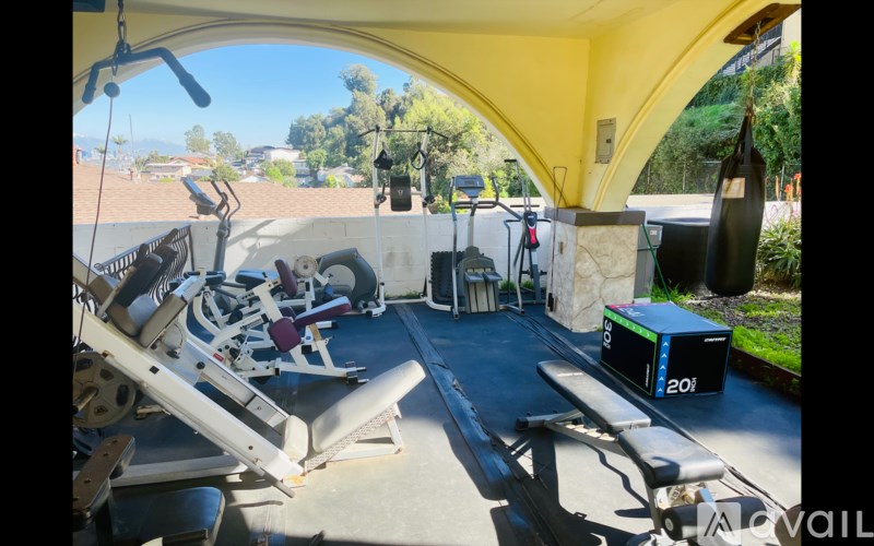A gym with a bench, weights, and exercise equipment.
