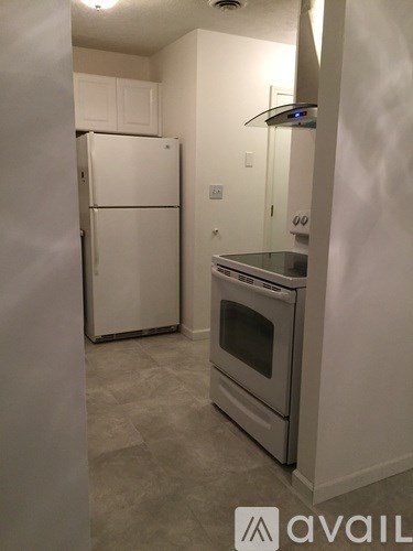 A kitchen with a white fridge and stove.