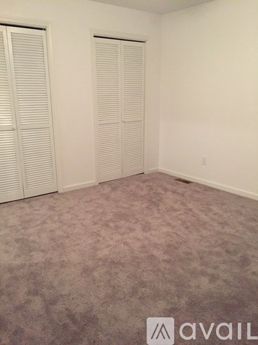 A room with carpeted floor and two closets.