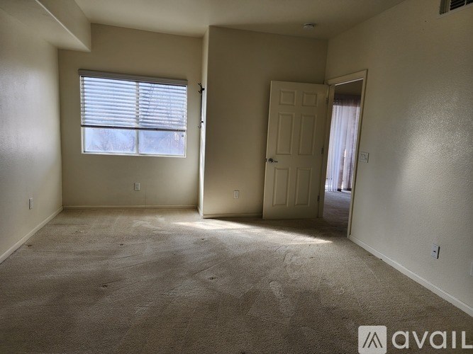 A room with a carpeted floor, a window with blinds, and a door leading to another room.