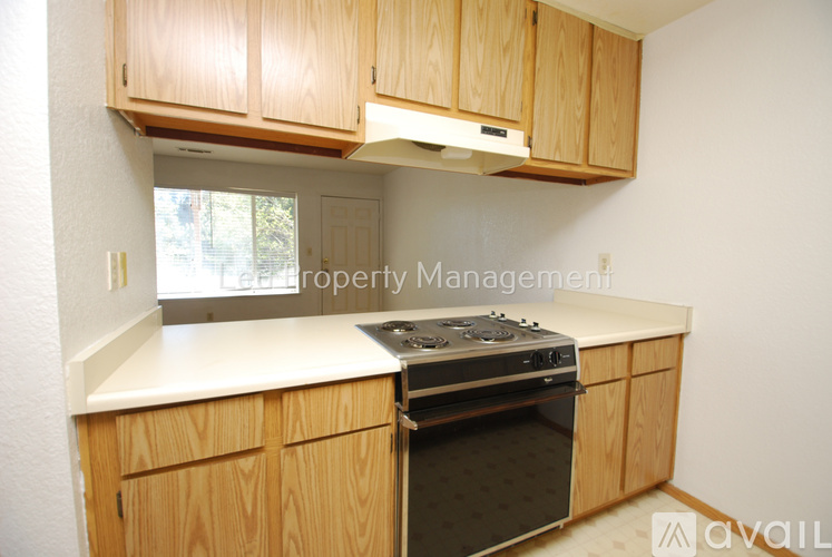 A kitchen with wooden cabinets and a stove top oven.