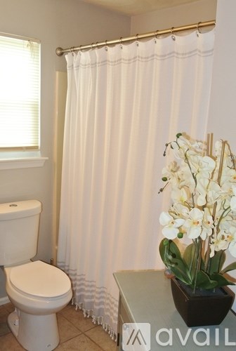 A white toilet sits next to a shower curtain in a bathroom.