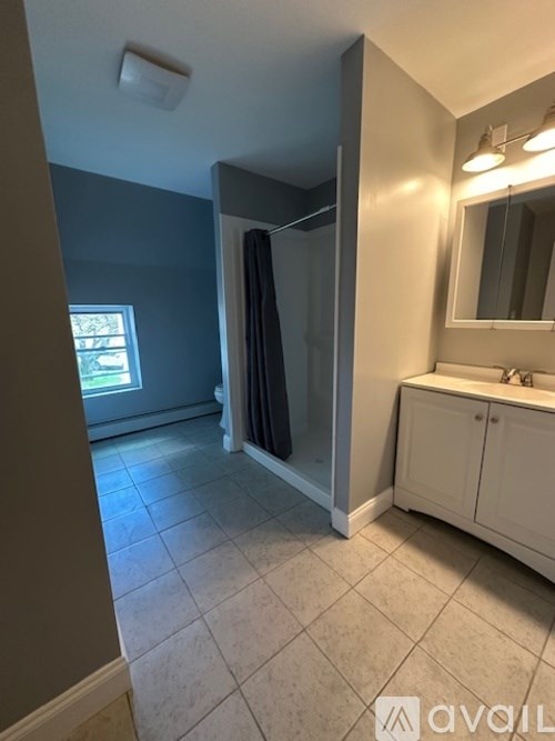 A bathroom with a white cabinet, a sink, and a shower.