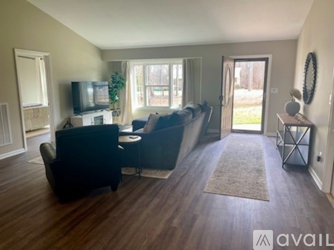 A living room with a television, couches, and a rug.