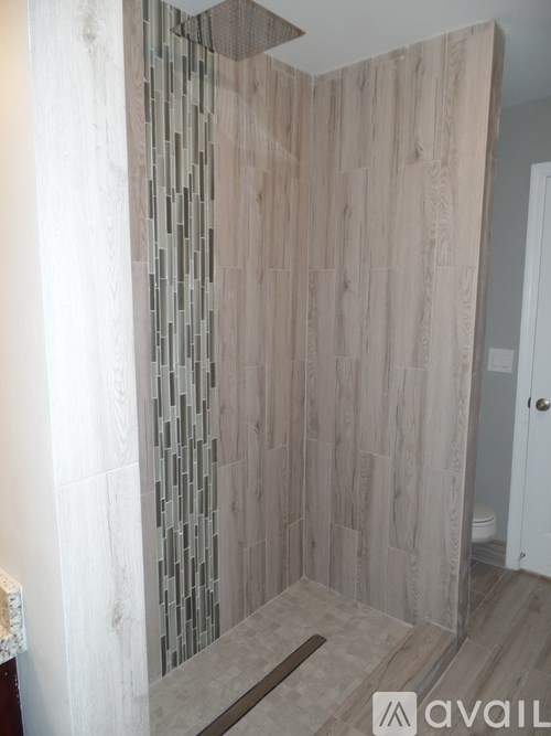 A bathroom with a walk-in shower and a white door.