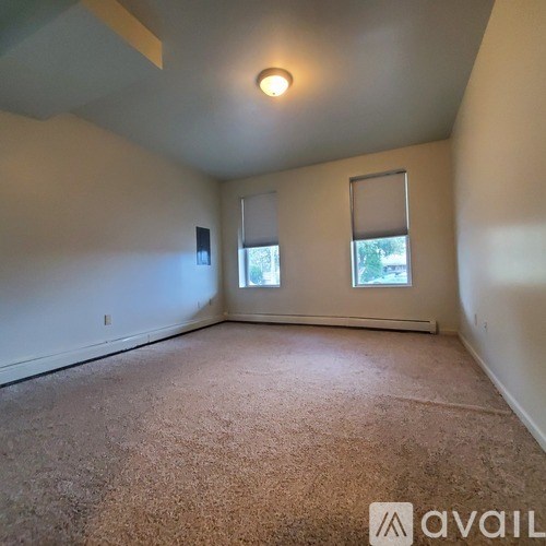 A room with a carpeted floor and two windows.