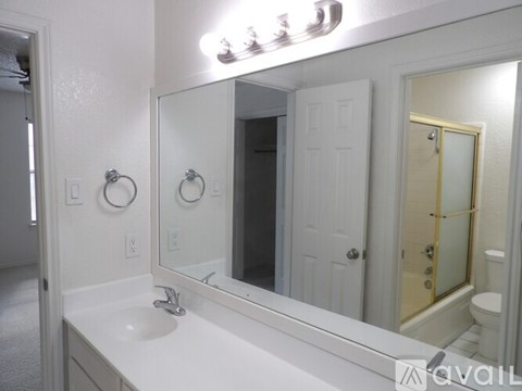 A bathroom with a white sink and mirror.