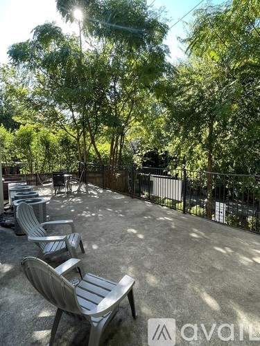 A sunny backyard with a row of chairs and trees.