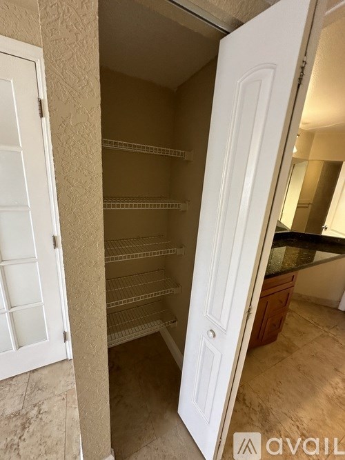 A white door is open to a pantry with shelves.