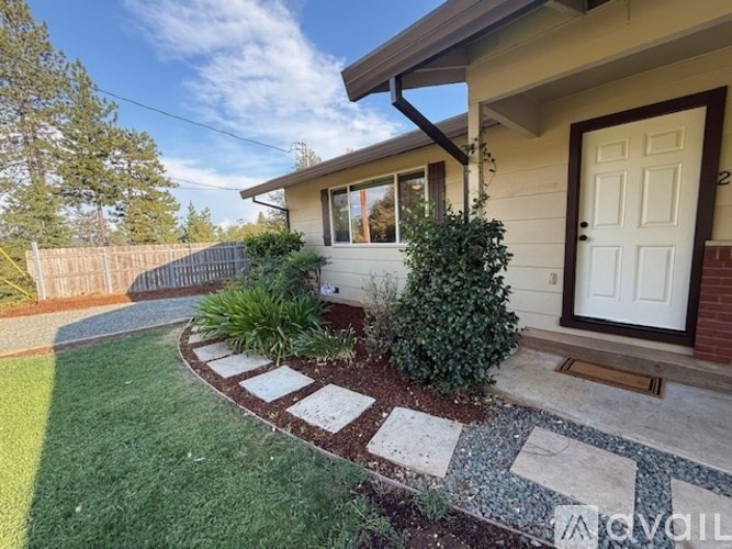 A house with a white door and a small garden in front.