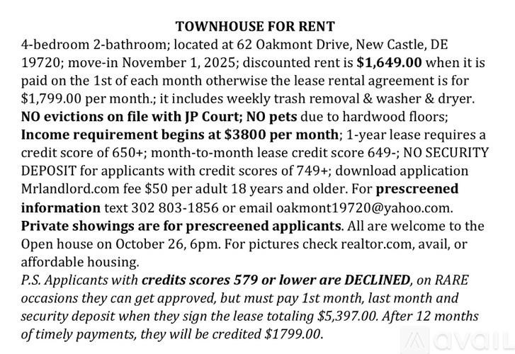 A flyer for a townhouse for rent with details about the rent, rules, and contact information.