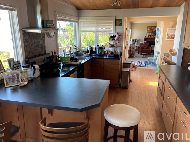 A kitchen with a black countertop and wooden cabinets.