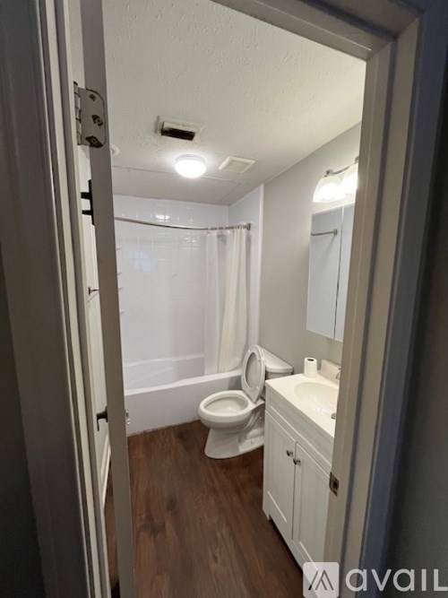 A bathroom with a toilet, sink, and mirror.