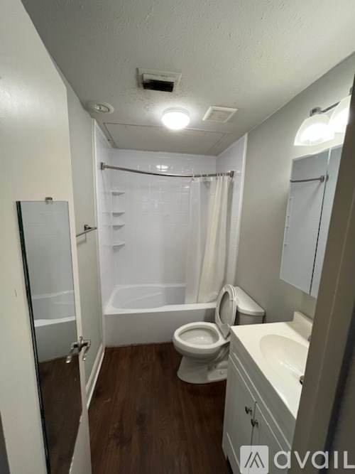 A bathroom with a toilet, sink, and shower.