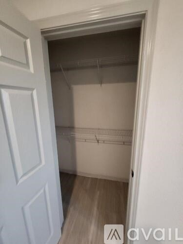 A white door opens to a walk-in closet with a white wall and a white shelf.