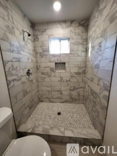A bathroom with a marble tile shower and a toilet.